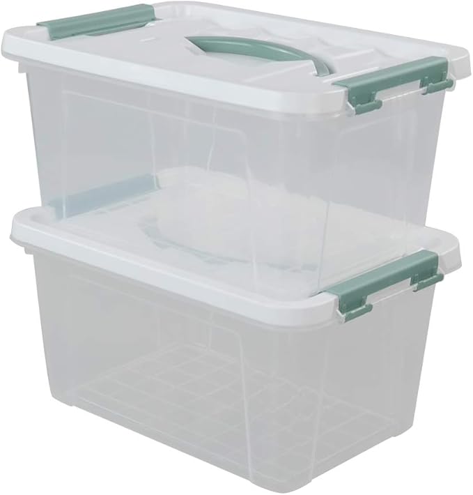 Gloreen 6 Quart Clear Storage Bins with Lid and Green Handle, Multipurpose Stackable Plastic Storage Latches Box/Containers, Set of 2