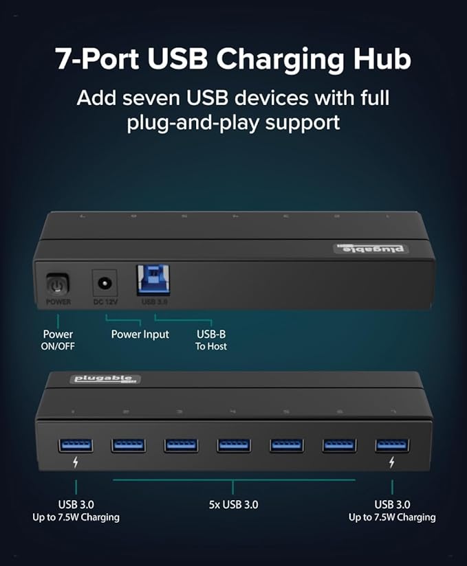 Plugable 7-Port USB 3.0 Hub with 36W Power Adapter - Driverless - Effortlessly Connect Devices and Transfer Data at High Speeds