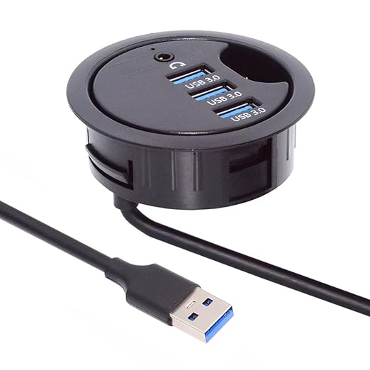 Cablecc 3 Port USB 3.0 Hub Sound Card USB Splitter 60mm Desk Grommet Dock Station Headphone Mic Audio Interface for Desktop PC(USB 3.0 and 3.5mm Audio Port)