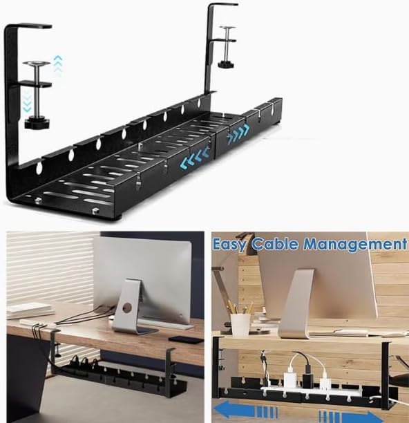 Extendable Under Desk Cable Management Tray, 17"-28.7" Clamp On Cord Organizer, No Drilling Metal Cable Management Holds Up to 11 lbs, Desk Storage for Office and Gaming Accessories