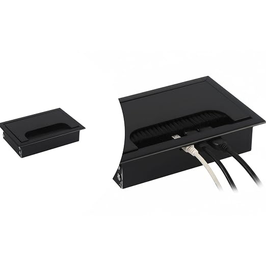 Desktop Cable Management Cover for Desk Organization - Aluminum Alloy Cable Box with Brush Seal (Black, 8.0x12.0x2.8 cm)