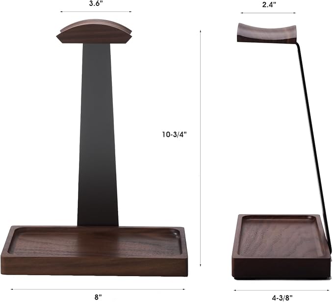 Walnut Headphone Stand, Wooden Headset Stand for Desk, Wood Gaming Headphone Holder with Storage Base for Airpod max, Bose, Razer, Sennheiser, Jabra, JBL, AKG, Vintage Gift for Men, Grey