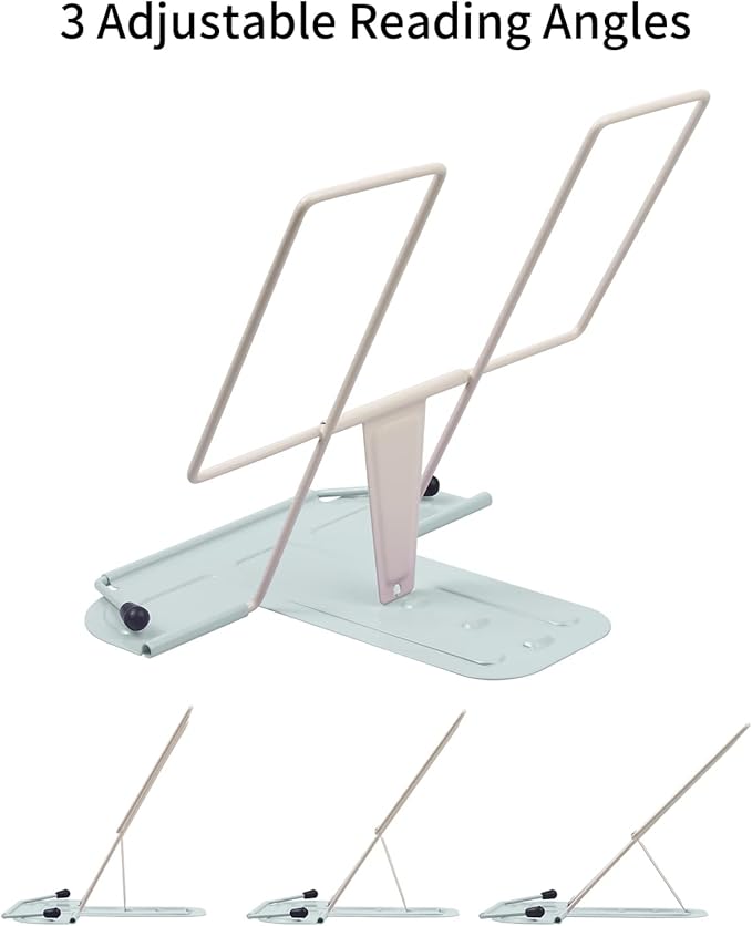 MSDADA Metal Book Stand for Desk, Adjustable Reading Rest Book Holder, Portable Cookbook Documents Holder, Sturdy Typing Stand for Recipes Textbooks Tablet Music Books(Milky White+Macaron Green)