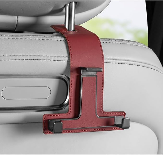 Car Hooks for Headrest, Multifunctional Luxurious Leather and Magnesium Alloy Car Seat Back Hook & Mobile Phone Holder, Double Headrest Hanger Storage Hook for Purses, Handbags (Red)