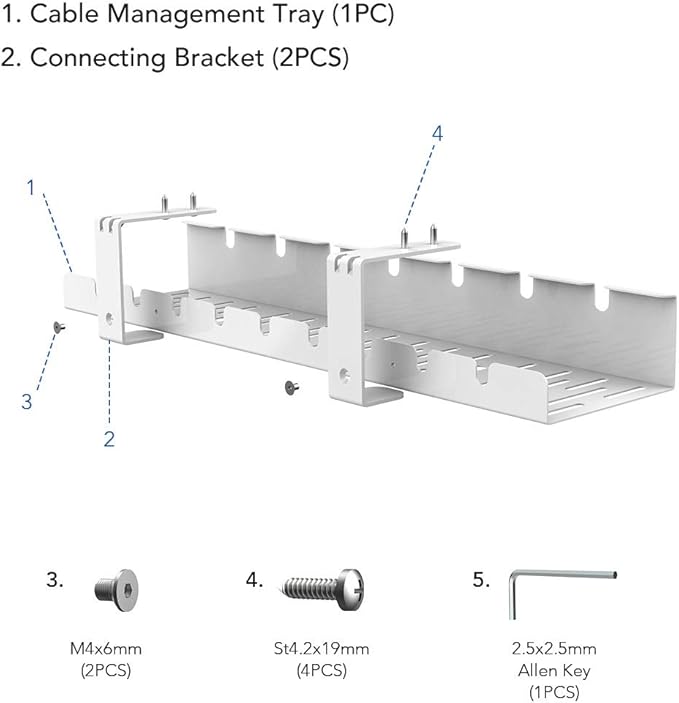 Cable Management Under Desk Tray for Home Office Desk, Metal Raceway Wires Cable Management Tray Tidy Organizer (White)