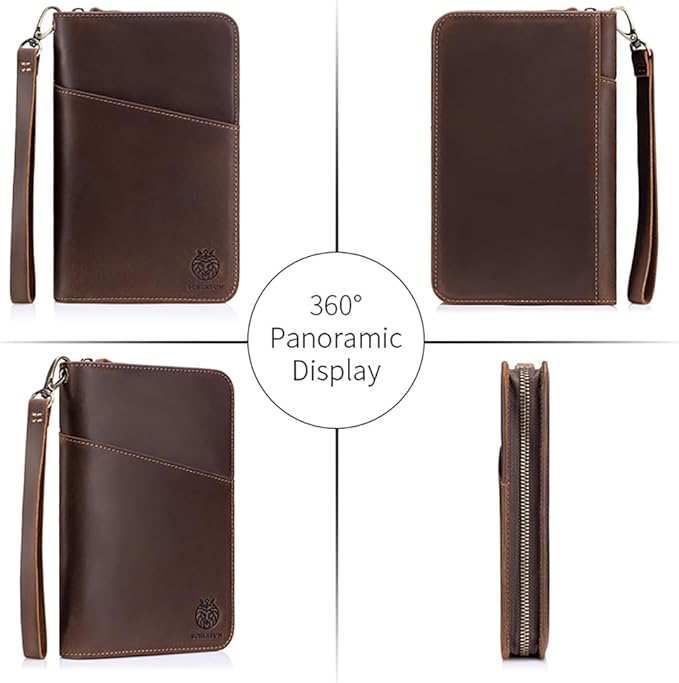 Genuine Leather Passport Holder for Family of 6, RFID Blocking Travel Wallet with Zipper Large Capacity – Vintage Crazy Horse Leather, 6 Passport Slots, Card Holders & Wristlet (Coffee, Large)