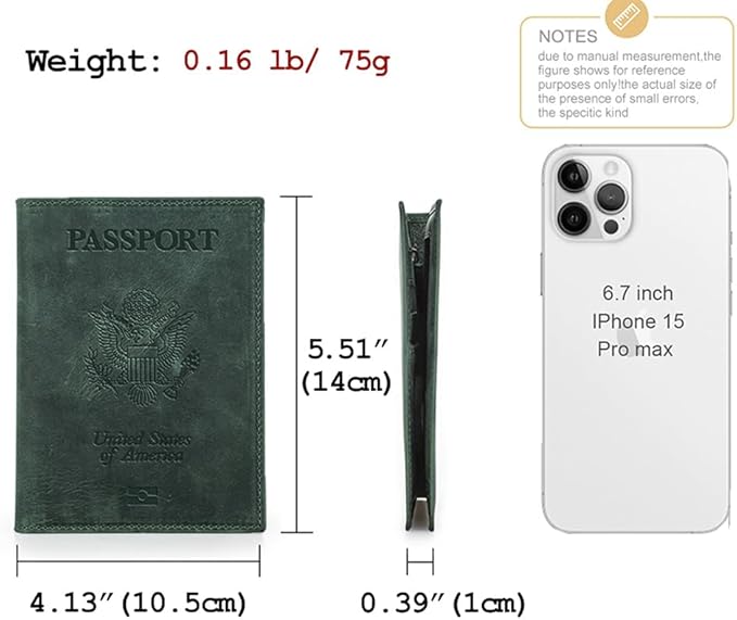 CONTACTS Full Grain Leather Passport Holder RFID Blocking Travel Passport Wallet Compatible with Airtag Passport Cover Case with 4 Card Slots, Coin Pocket (Badge, Green)