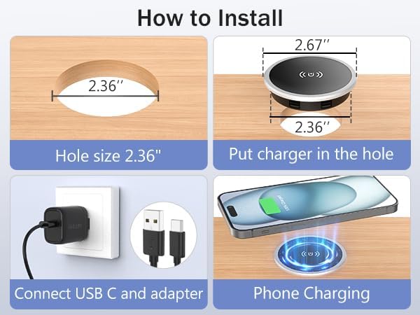 Wireless Magnetic Charger Desk Mount 15W Fast Charger for iPhone 17 16 Pro Max 15 14 13 12 Series,Magnet Qi Charging Pad/Station for AirPods,Recessed Hidden Under Desktop Hole Save Nightstand Space