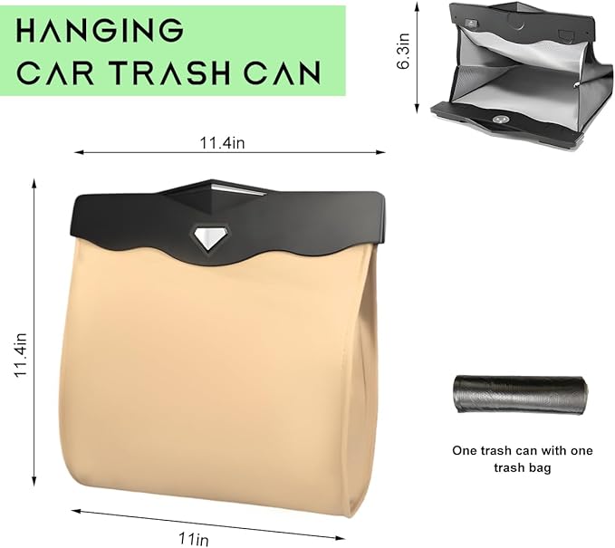 Smart LED Car Trash Can, Magnetic Leather Passenger Side Storage Pocket with Disposable Rubbish Bags, Waterproof Garbage Bag Multipurpose Hanging Container for Back Seat (Beige)