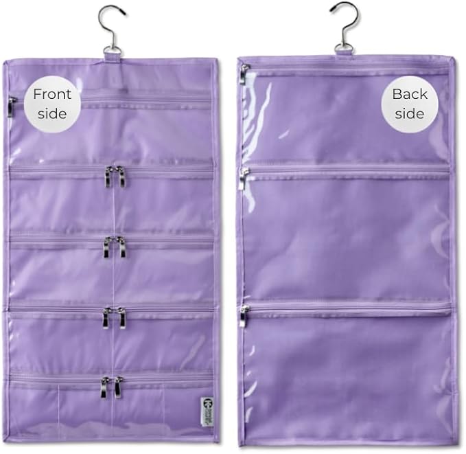On-The-Go Organizer, 14 Clear Vinyl Pockets, Hanging Travel Case for Makeup and Accessories, 13.5 x 24 inches (Lilac, Large)