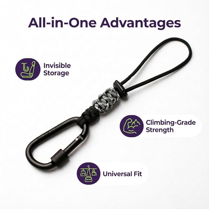 Car Seat Back Hooks 2 Pack - Heavy Duty Rope & Metal Buckle Car Hangers, No Wobble Multi-Purpose Organizer for Grocery Bags, Backpacks, Umbrellas, Trash Bags (Fit Most Vehicles) Black