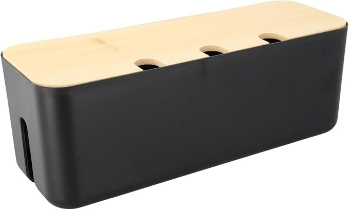 FABULETTA Desktop Cord Organiser Box with Wooden Lid, Cable Management Solution for Power Strip Hider, ABS Plastic Wire Storage Container and Junction Box Cover for Home Office Use(black)