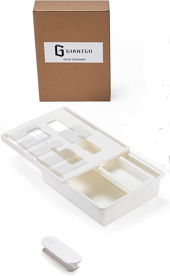 Under Desk Drawer, Self-Adhesive Storage for Office/Bedroom/School/Kitchen, Holds iPad/Phone/Pens/Pencils/Keys/Cutlery (Medium-White)