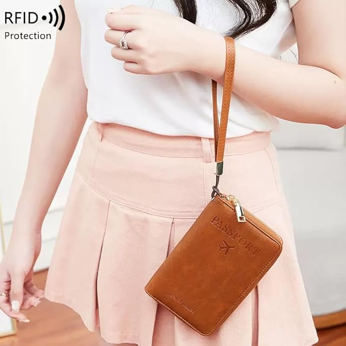 Multi-Functional RFID Passport Wallet,Travel Wallet for Men & Women,With zipper, anti-theft passport holder，Slim Leather Cover for Credit Cards, Tickets, Cash (Brown)
