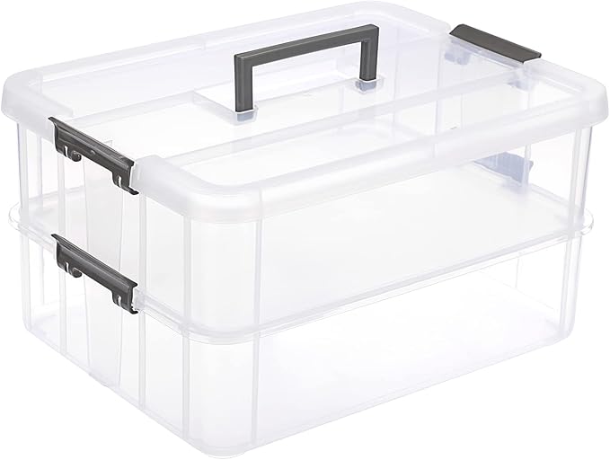 JUXYES 2-Tiers Stack Carry Storage Box With Handle, Transparent Stackable Storage Bin With Handle Lid Latching Storage Container for School & Office Supplies