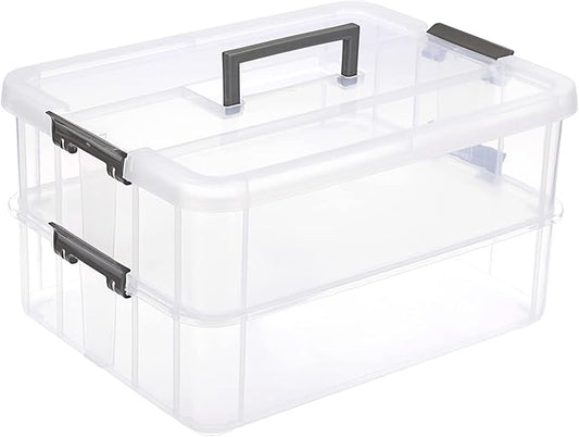JUXYES 2-Tiers Stack Carry Storage Box With Handle, Transparent Stackable Storage Bin With Handle Lid Latching Storage Container for School & Office Supplies
