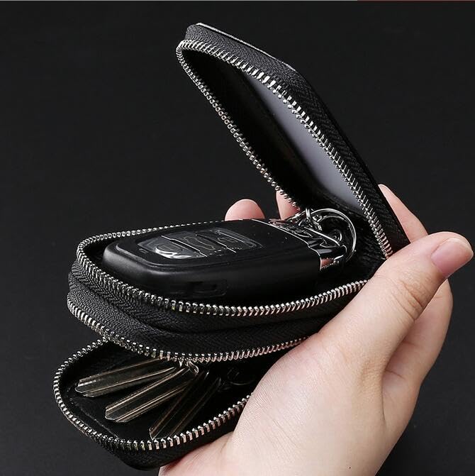 Car Key Chain Bag Double Zipper Leather Protection Key Coin Holder Keyring with Transparent Window