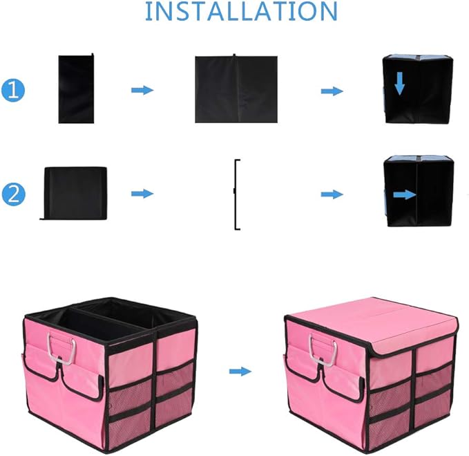 Car Trunk Organizer Collapsible Portable Multi Compartments Organizer with Non Slip Straps for SUV Truck Auto Vehicle Car Auto Minivan (Small covered, Pink)