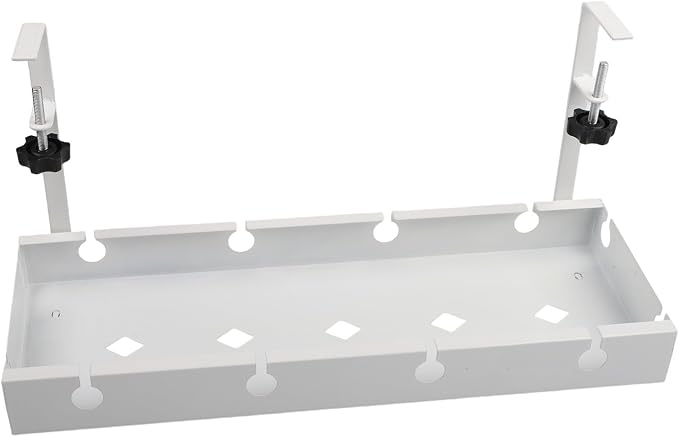 Under Desk Cable Tray with Ventilated Metal Frame for Heat Dissipation, Adjustable Fit for Office Desk and No Drilling Installation Required (White)