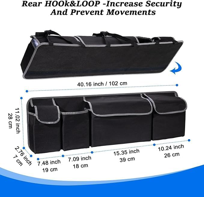Trunk Organizer - Car Organizer, Foldable Trunk organizer for SUV/MPV/Truck, Collapsible Car Storage Bag with 4 Pockets, Black, 40.16"×11.02"