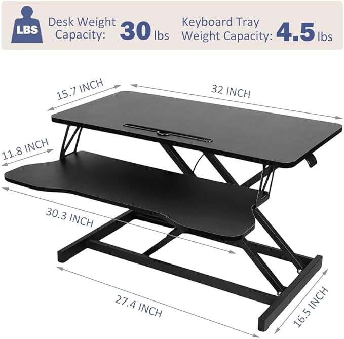 Standing Desk Converter 32" - Sit to Stand Desk Converter for Dual Monitors - Height Adjustable Desk Riser for Standing - Home Office & Corporate Use - Relieve Back Pain (Black)