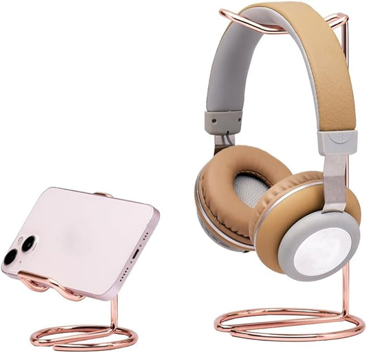 JIARI Headphones Stand and Cell Phone Stand Desktop Metal Holder Accessories 2pcs Set (Rose Gold)