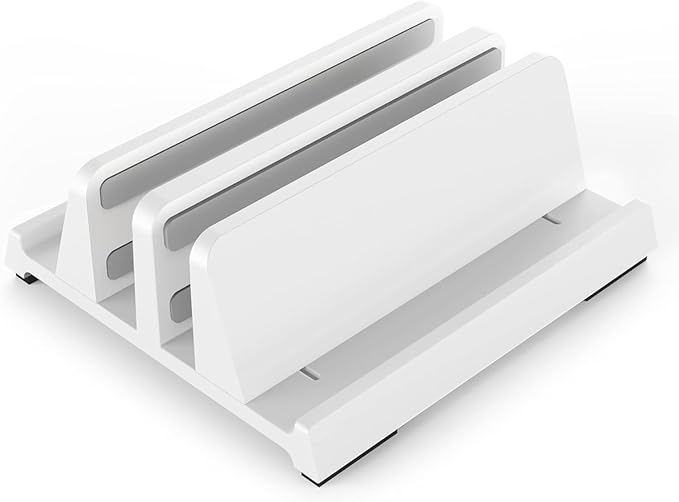 Vertical Laptop Stand for Desk, Dual Slots Plastic Laptop Holder with Space Saving 4-in-1 Design, Adjustable Laptop Stand Supports MacBook, Chromebook, Surface, Dell (White)