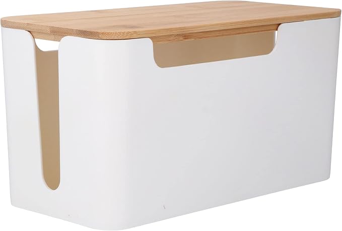 HERCHR Cable Management Box, Small Desk Cord Organizer with Wooden Lid, Cable Box Organizer Power Socket Management for Hiding TV Wires Routers Computers Wires