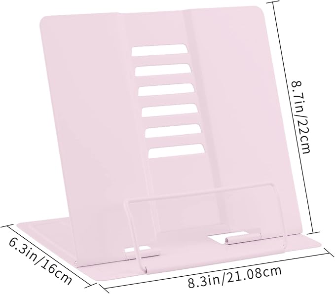 Honagu Book Stand Metal Desk Book Holder, Book Holders for Reading Hands Free, Adjustable Cookbook Documents Holder, Portable Bookstand for Music Books, Textbook, Recipe, Tablet, Ipad (Macaron Pink)