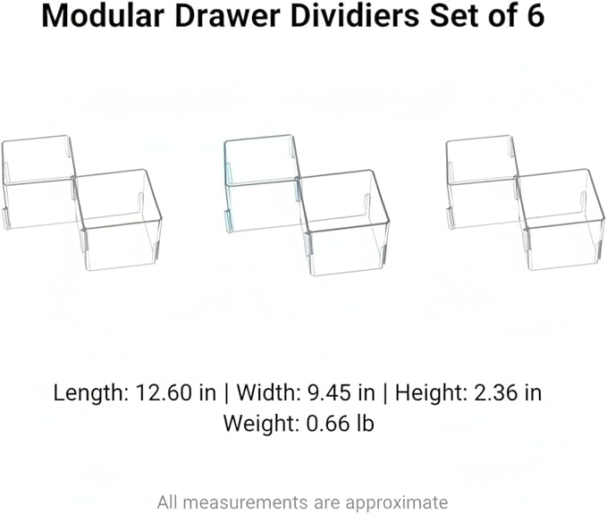 Modular Drawer Dividers Set of 6, Adjustable PP Plastic Organizers for Desk, Kitchen, and Dresser Drawers, 12.6 x 9.4 x 2.4 Inches (Set of 6)