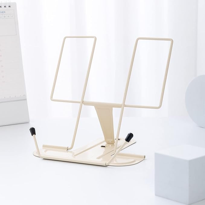Metal Book Stand for Desk, Adjustable Reading Rest Book Holder, Portable Cookbook Documents Holder, Sturdy Typing Stand for Recipes Textbooks Tablet Music Books, Desktop Stationery Gifts(Milky White)