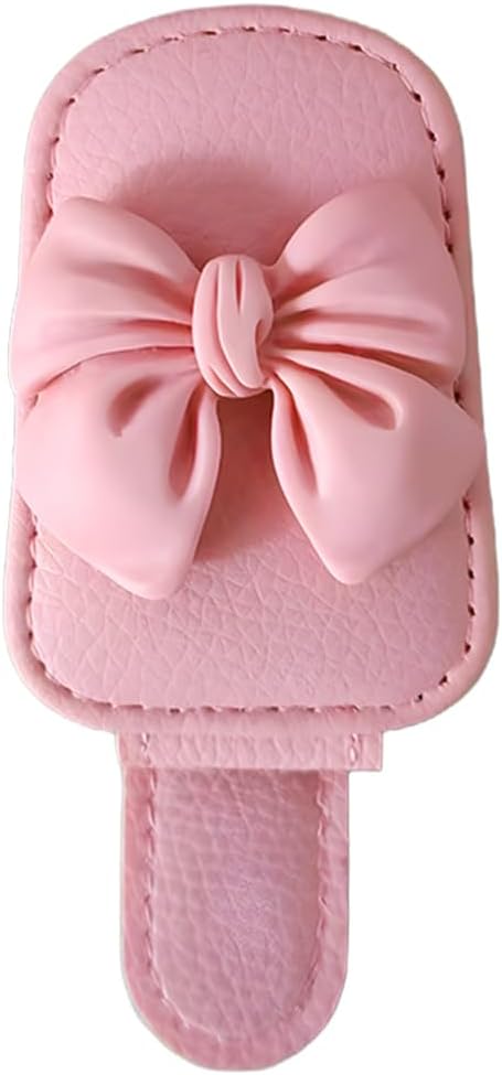 Bittwee Sunglasses Holder for Car Visor, Magnetic Cute Bow Leather Sun Visor Eyeglasses Mount & Ticket Card Clip, Magnet Automotive Interior Glasses Hanger Organizer, Universal for Vehicles (Pink)