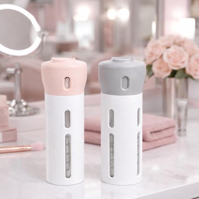 Travigo 4-in-1 Travel Dispenser Bottle Set, TSA Approved, Leak Proof, Reusable 1.4 oz. (40 mL) Toiletry Containers for Shampoo, Conditioner, Soap, Lotion, Skincare (2 Pack, Pink & Gray)