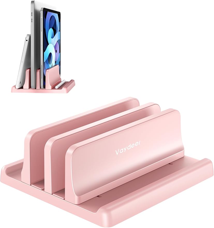 Vaydeer Vertical Laptop Stand for Desk, Dual Slots Plastic Laptop Holder with Space Saving 4-in-1 Design, Adjustable Laptop Stand Supports MacBook, Chromebook, Surface, Dell (Pink)