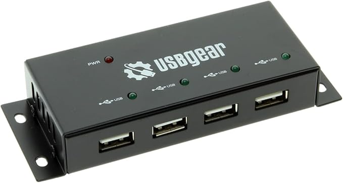 USBGear 4 Port USB 2.0 Mini Metal Hub with Mounting Flanges, 480Mbps Data Transfer, LED Port Indicators, Includes Power Adapter