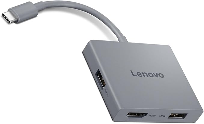 Lenovo USB-C 4 in 1 Travel Hub Block with Integrated Cable, 1x HDMI 4K @ 60Hz, 2X USB-A 3.2, 1x 3.5mm Combo, Luna Grey ??Portable, Compact, High-Speed Connectivity Laptops PC Gaming Console Charging