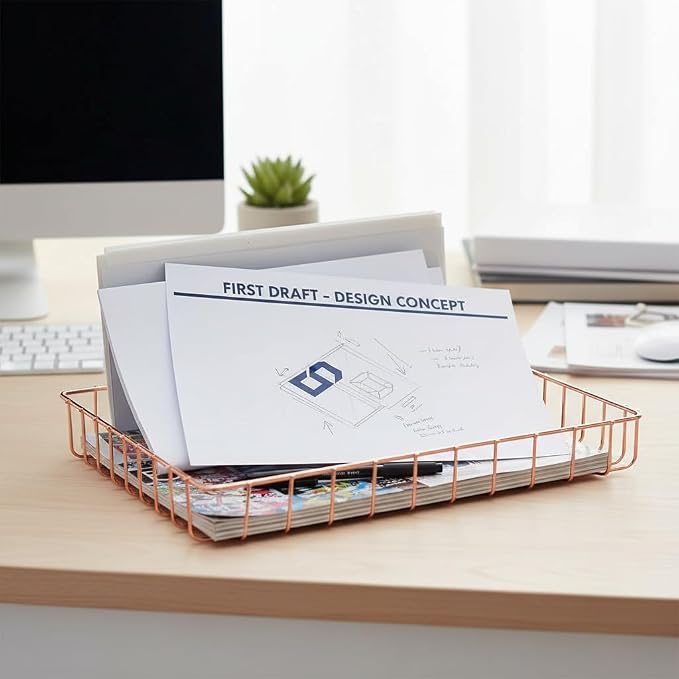 Rose Gold File Organizer for Desk Letter Size Desk Paper Organizer Trays Large Capacity Metal File Organizer Paper Tray Wire Basket Bins for Office Desktop,12.5" x 9.4" x 1.9"