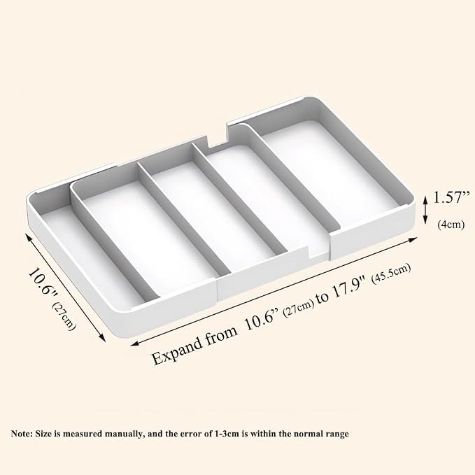 2 Pack Shallow Drawer Organizer (1.57" H), Modular Expandable Desk Dividers (Width 10.6"-17.9" OR Length 16.1"), Detachable Trays for Office Stationery, Makeup, Kitchen, White