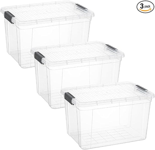 Superio Clear Storage Boxes with Lids, 14.25 Quart Plastic Container Bins for Organizing, Stackable Crates, BPA Free, Non Toxic, Odor Free, Organizers for Home, Office and Dorm, 3 Pack