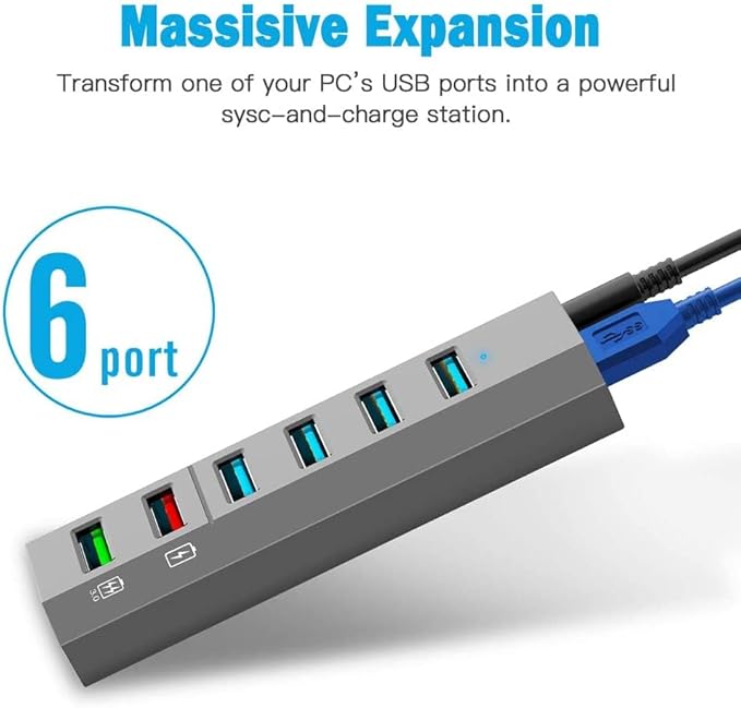 USB Hub, Aiibe 6 Ports Super High Speed USB 3.0 Hub Splitter + Power Adapter + USB 3.0 Cable, Powered USB Hub - Gray