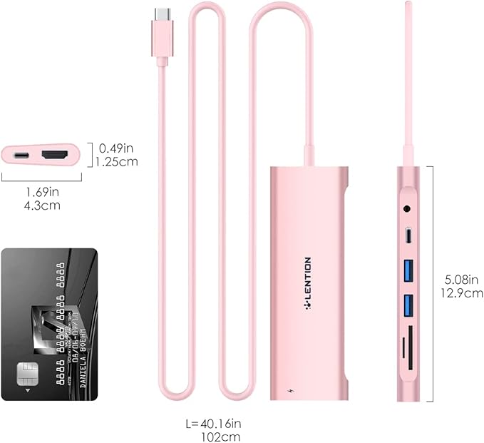LENTION 8-in-1 USB C Hub, Docking Station with 3.3FT Long Cable, 4K HDMI, USB A&C, SD/TF Card Reader, Aux, 100W PD Charging, for MacBook Pro/Air, Dell, HP, Chromebook, Steam Deck (C37-1M, Rose Gold)