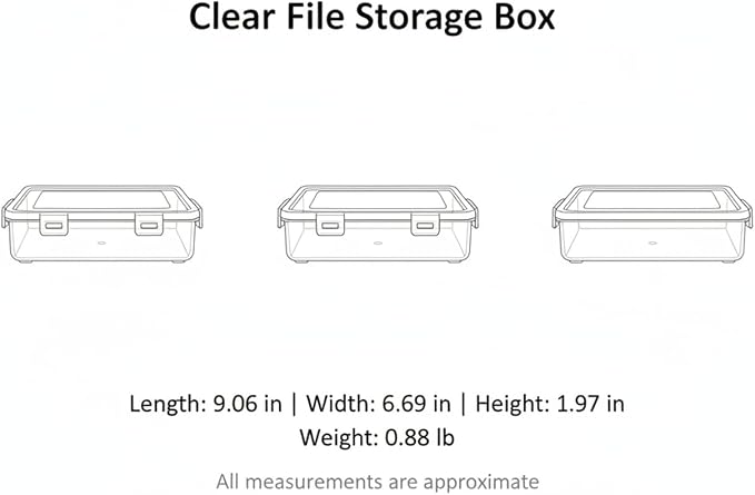 Low-Profile Rectangular File Box with Handle, Transparent PP Plastic Document Organizer for Desktop Storage