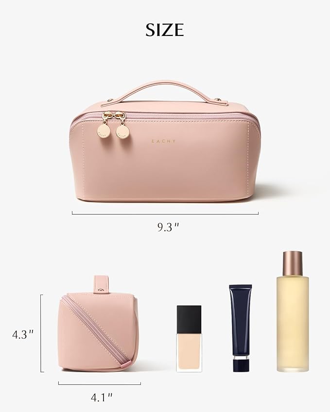EACHY Travel Makeup Bag, Large Capacity Cosmetic Bag for Women, Waterproof PU Leather, Flat Open Portable Toiletry Bag for Skincare, Brushes & Travel Essentials