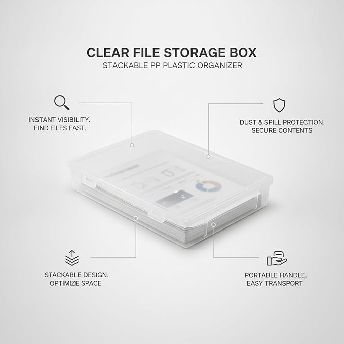 Low-Profile Rectangular File Box with Handle, Transparent PP Plastic Document Organizer for Desktop Storage