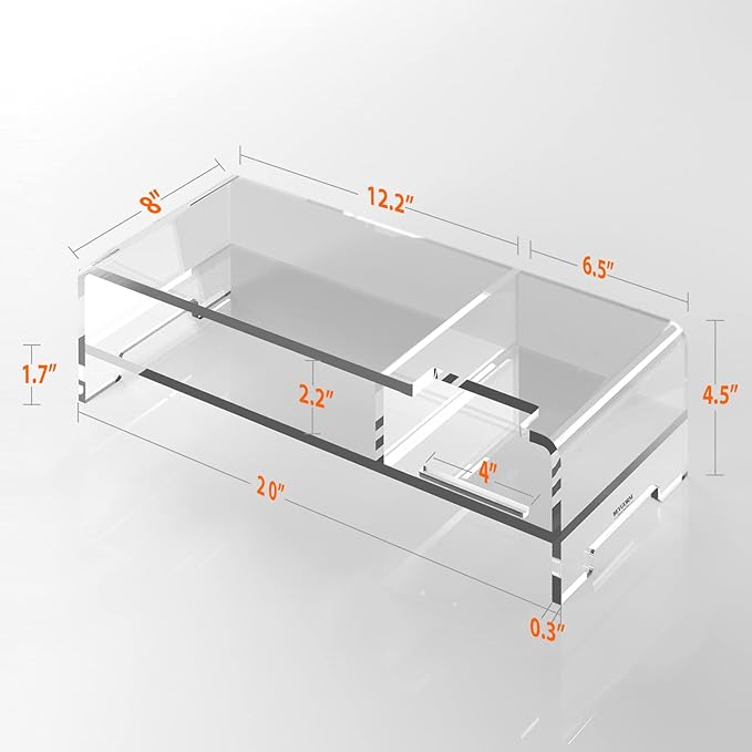 BEYGORM Acrylic Monitor Stand for Full Keyboard, 20" Wide 2-Tier Riser with Storage Shelf and Phone Holder, Desktop Organizer for Laptop, Printer, Screen (Clear)