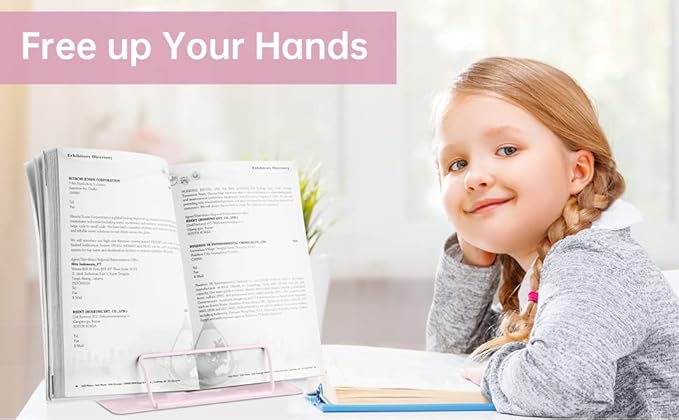 Honagu Book Stand Metal Desk Book Holder, Book Holders for Reading Hands Free, Adjustable Cookbook Documents Holder, Portable Bookstand for Music Books, Textbook, Recipe, Tablet, Ipad (Macaron Pink)