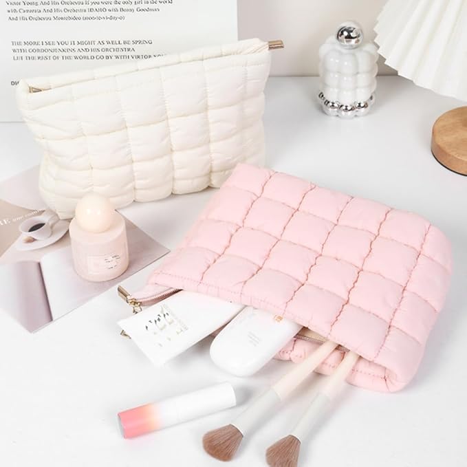 FITINI Makeup Bag Travel Large Portable Quilted Floral Print Cosmetic Organizer Cute Pouch for Women Soft Cotton Zipper Waterproof Toiletry Storage Bags