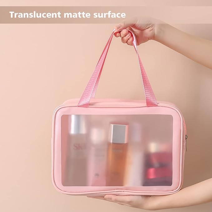 Travel Toiletry Bag for Women, Matte Translucent Shower Bag with Handy Handle, Makeup Cosmetic Organizer Bag for Travel Toiletries Accessories (Pink)