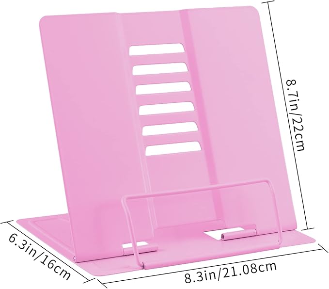 Honagu Book Stand Metal Desk Book Holder, Book Holders for Reading Hands Free, Adjustable Cookbook Documents Holder, Portable Bookstand for Music Books, Textbook, Recipe, Tablet, Ipad (Pink)