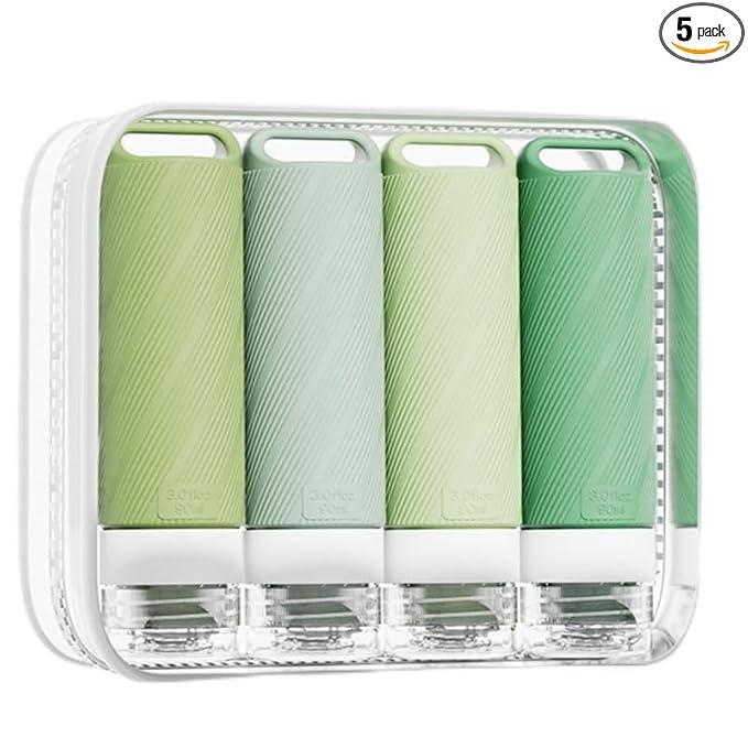 5 packs of toiletries travel bottles, TSA Approval silicone travel containers, leak proof refillable shampoo and conditioner are essential for travel, fitness, business trips, office use(green)